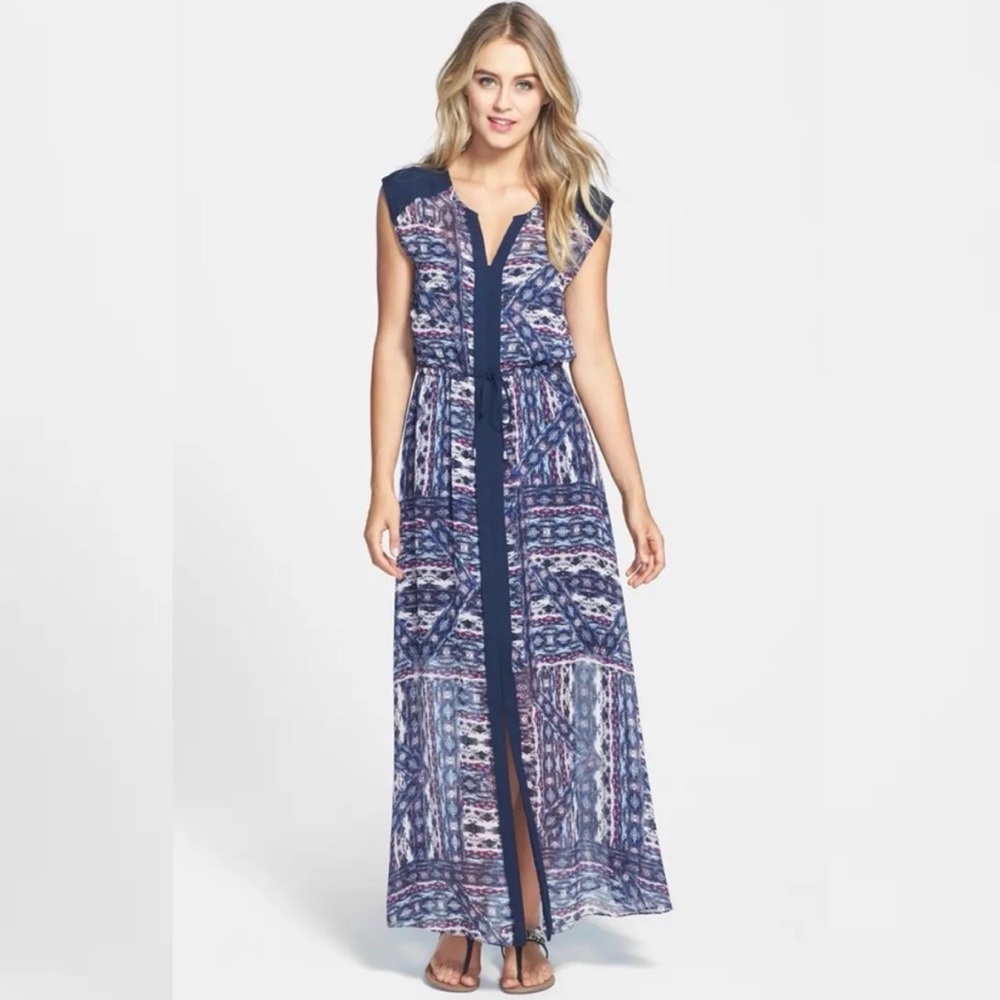 Vince Camuto Women's Tribal Patchwork Tie Waist Maxi Dress Size Large